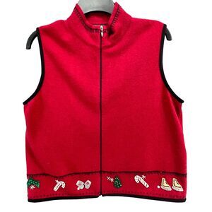 Woolrich Sweater Vest Womens Medium Red 100% Lambswool Holiday Christmas Zip Up